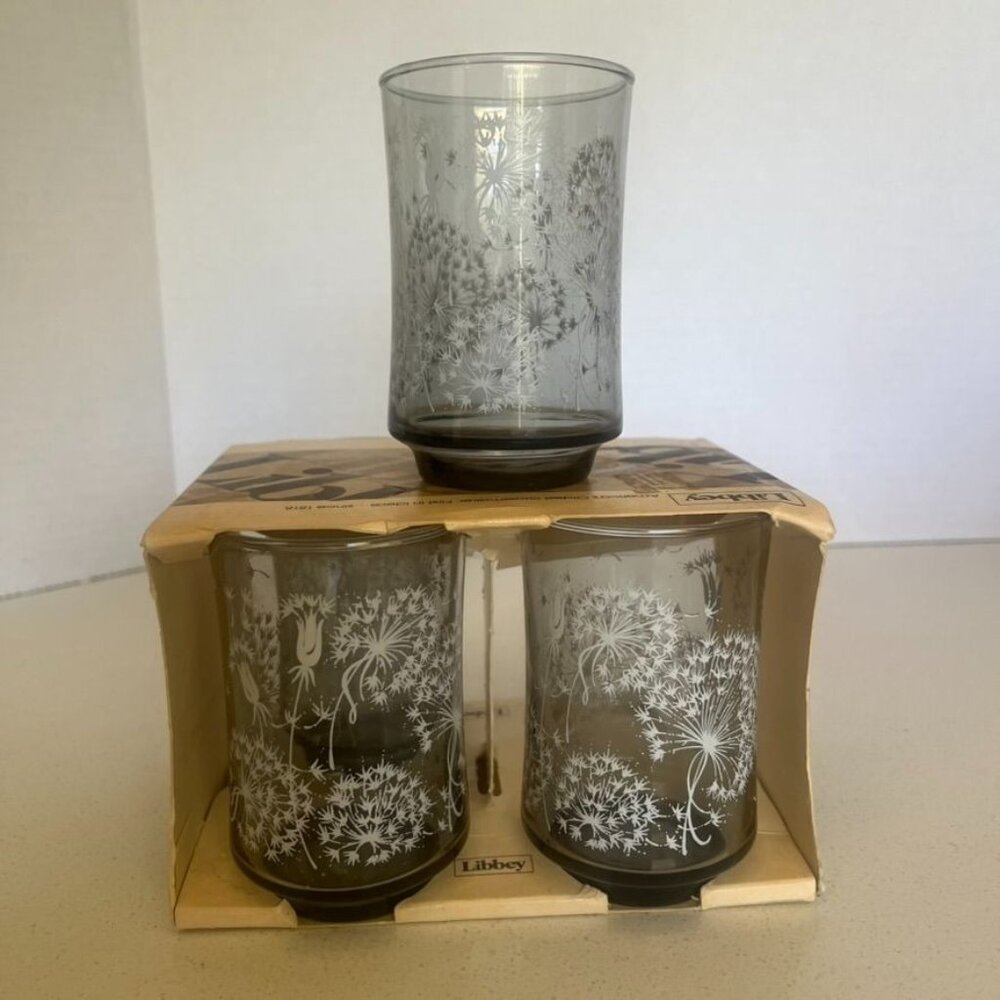 Mid Century Libbey Dandelion Design Juice Glasses Set Of 4 Vintage New in Box